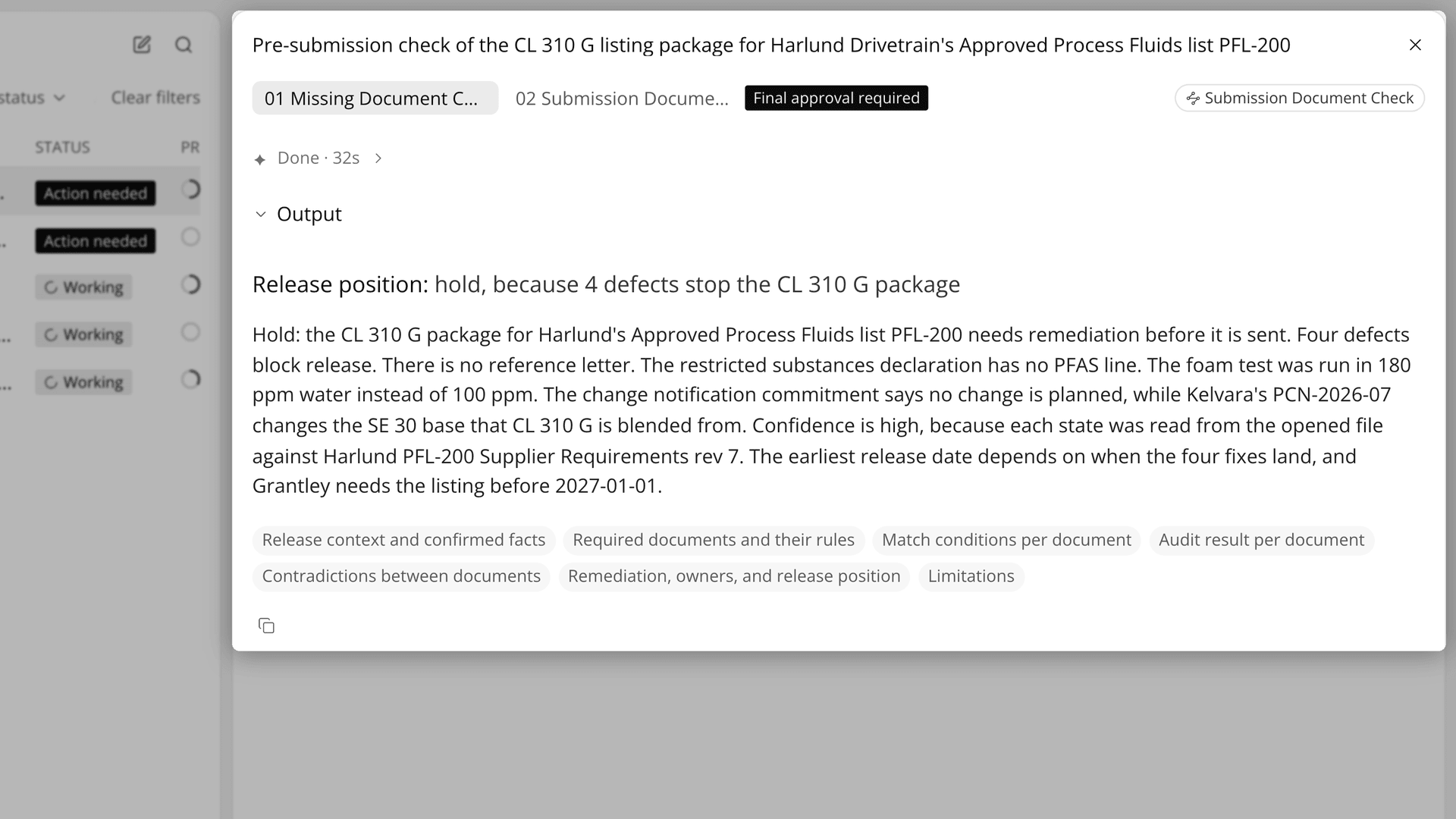 The Missing Document Check conclusion giving the release position and the defects that block it.