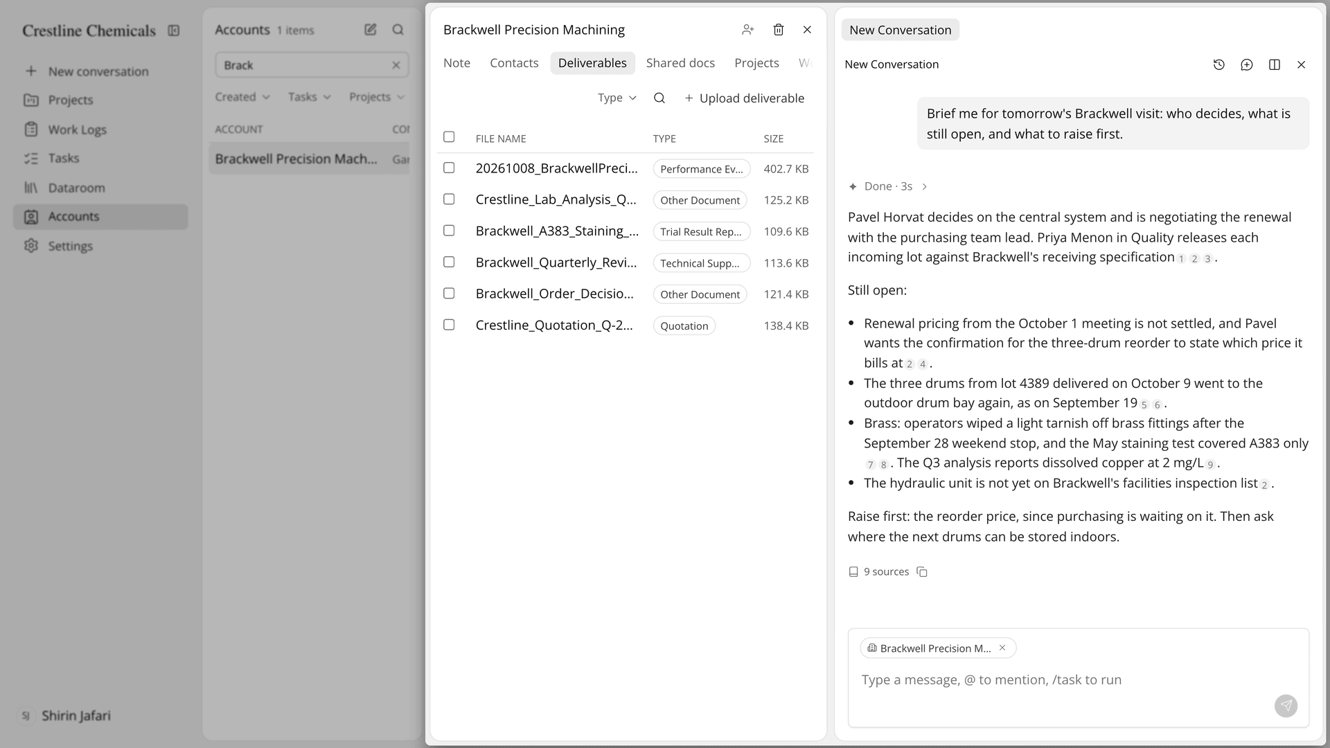 A visit briefing asked with the account chip attached in AI Chat, answered with numbered sources.