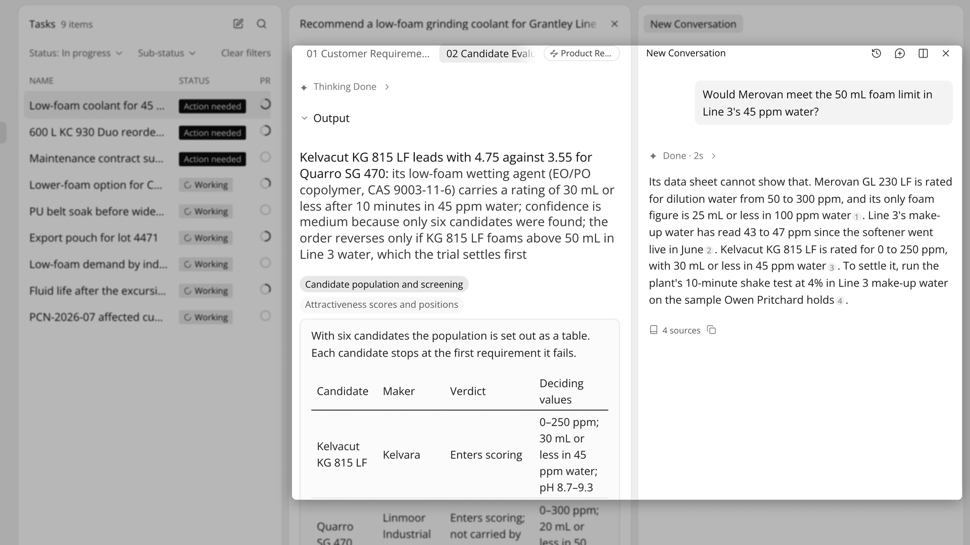 A task's step 02 conclusion with a candidate comparison table, and a chat answer weighing one candidate.