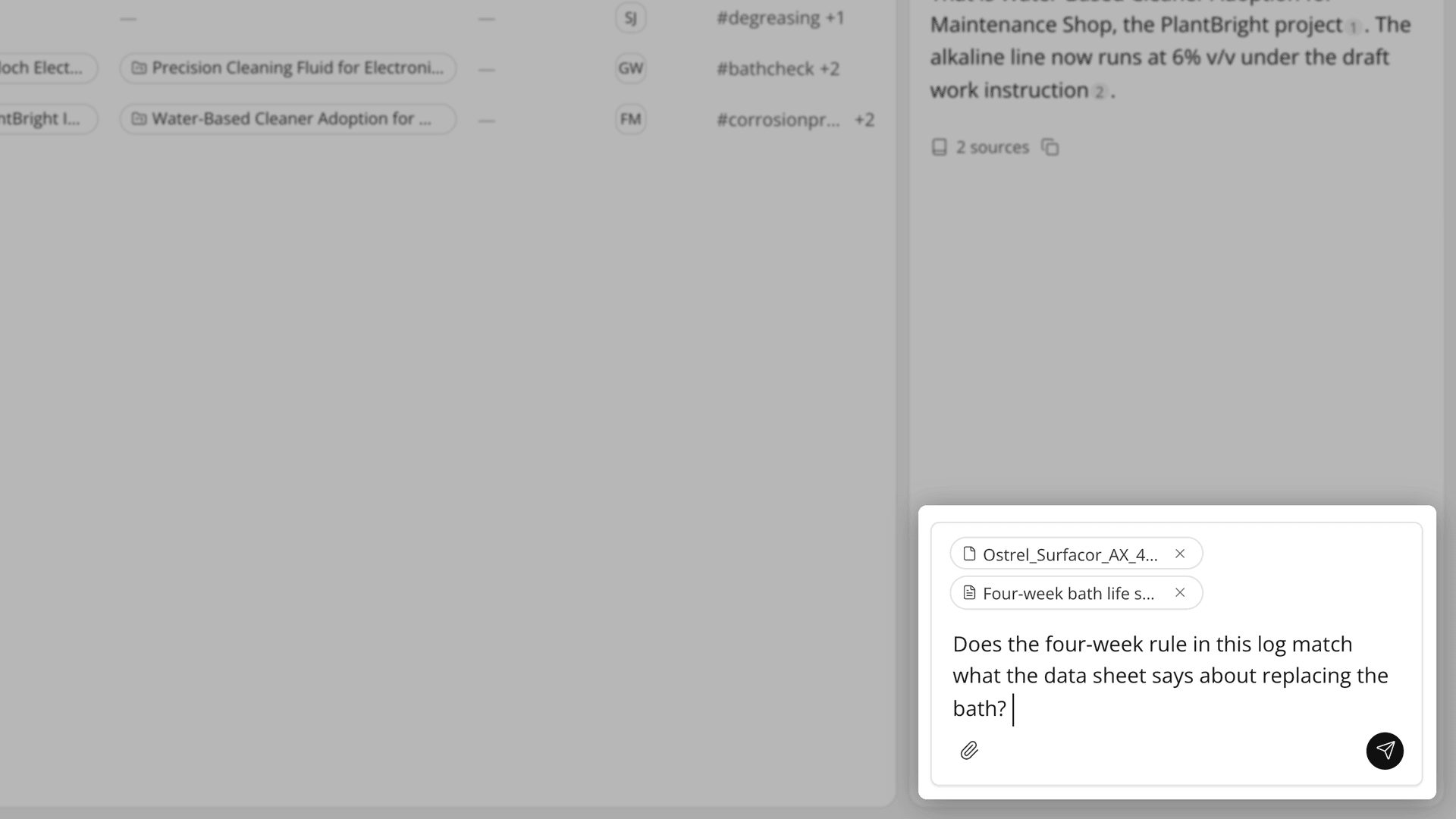 A short question in the AI Chat message box carrying a mentioned Dataroom document and a dragged-in work log as chips.