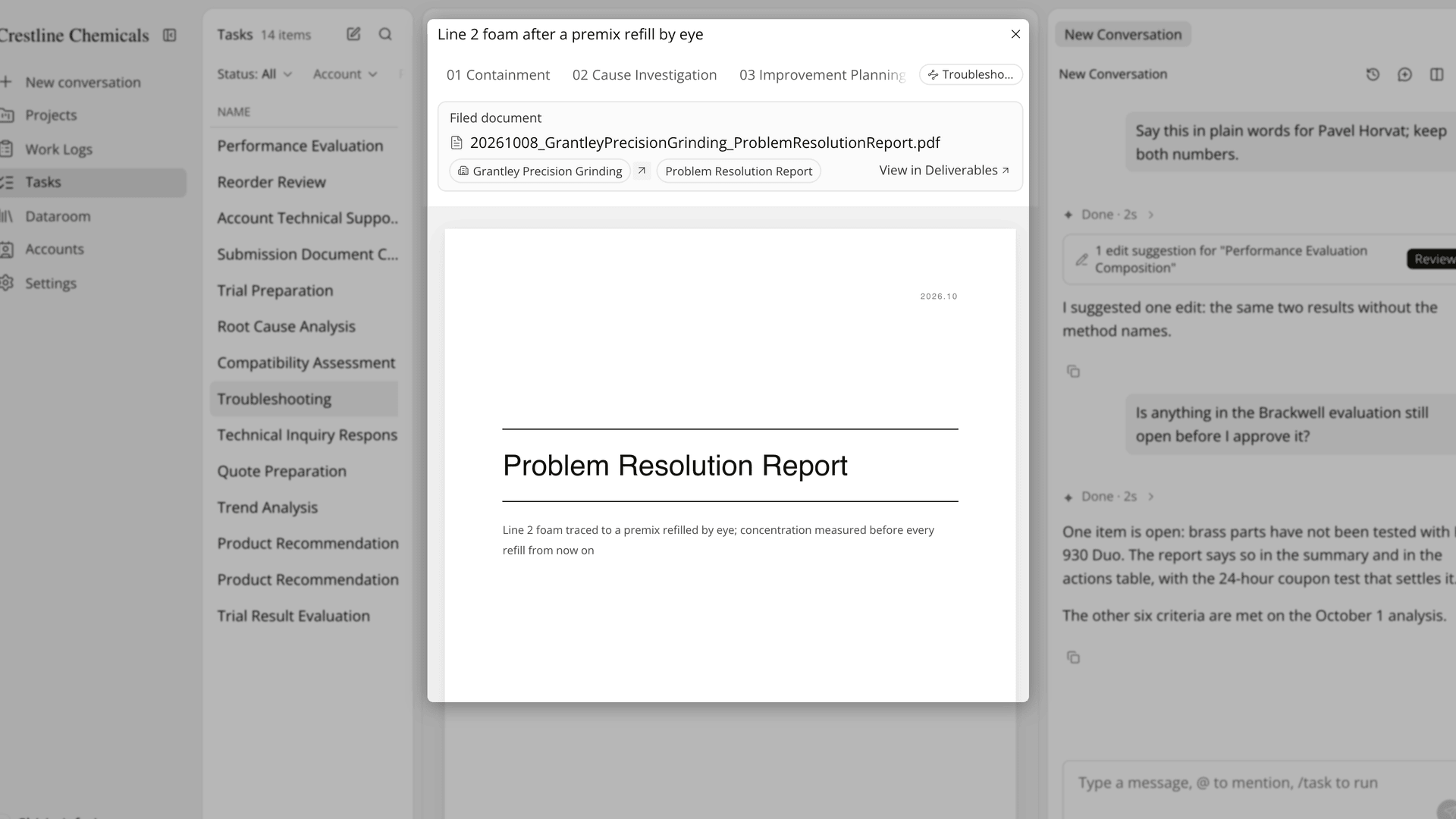 The Filed document card above the Problem Resolution Report cover of a finished four-step task.