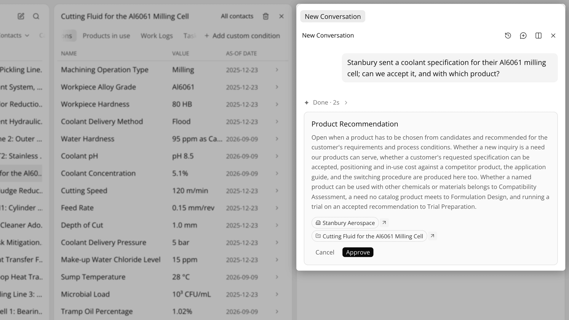 The Product Recommendation card for a sample account, with the account chip and the Cancel and Approve buttons.
