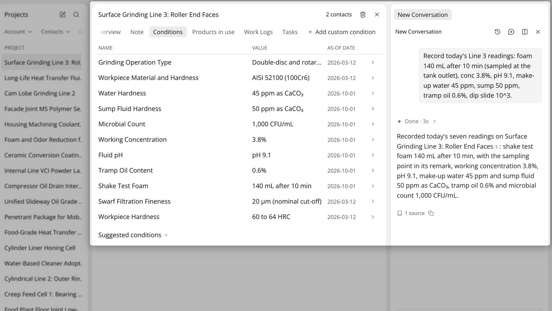 A chat message with the day's readings for a sample account's line, the reply, and the conditions updated with that date.