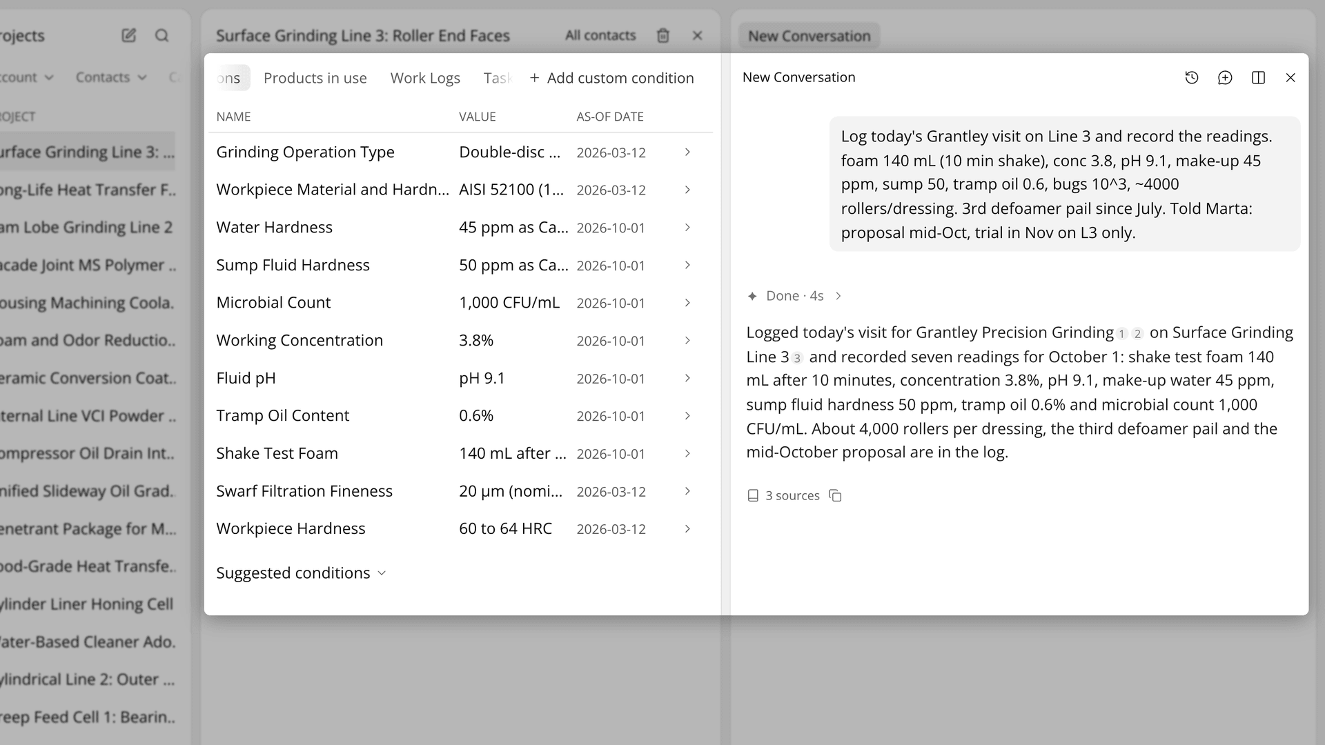 A line's Conditions with their units, and an AI Chat reply saving a visit's readings as a work log.