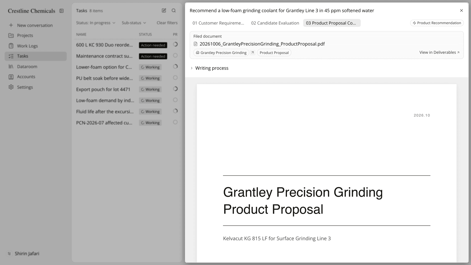 The Filed document card shown after approval, above the Product Proposal cover.