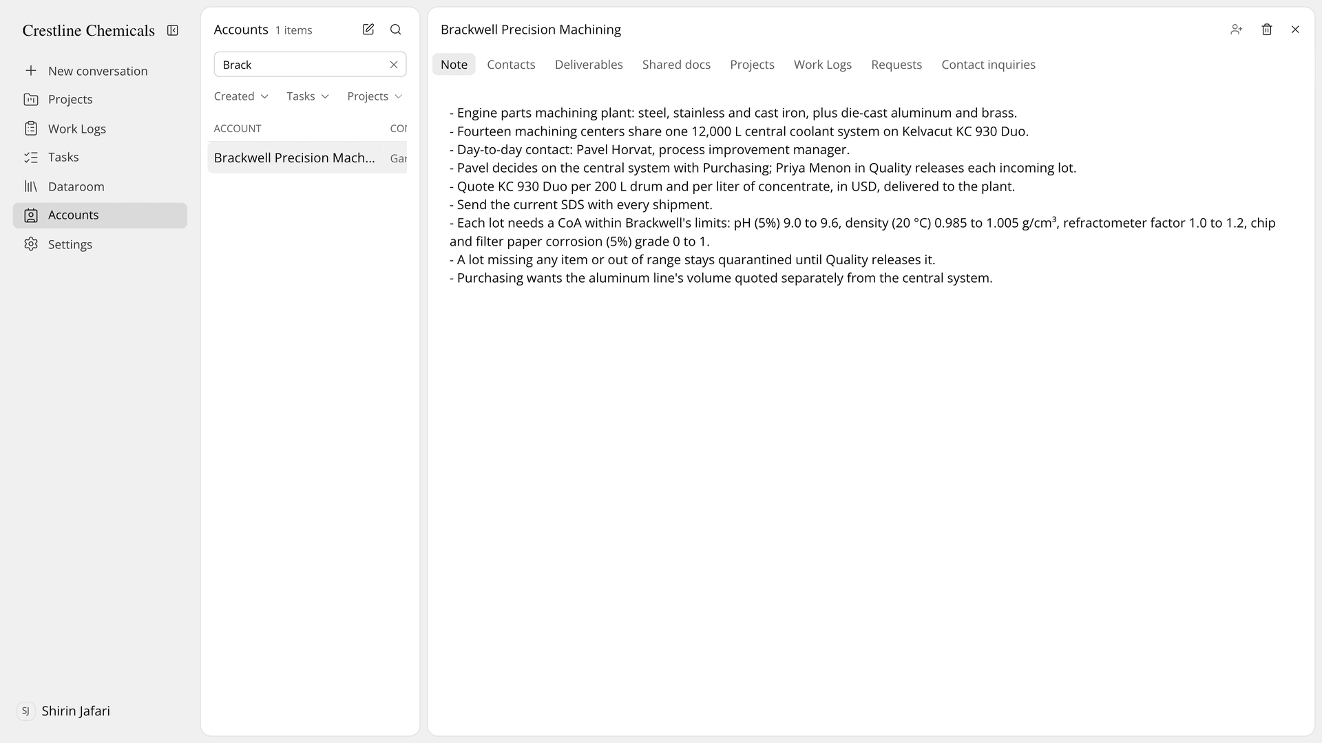 The Brackwell sample account selected in the account list and open on its Note tab, with every tab in view.