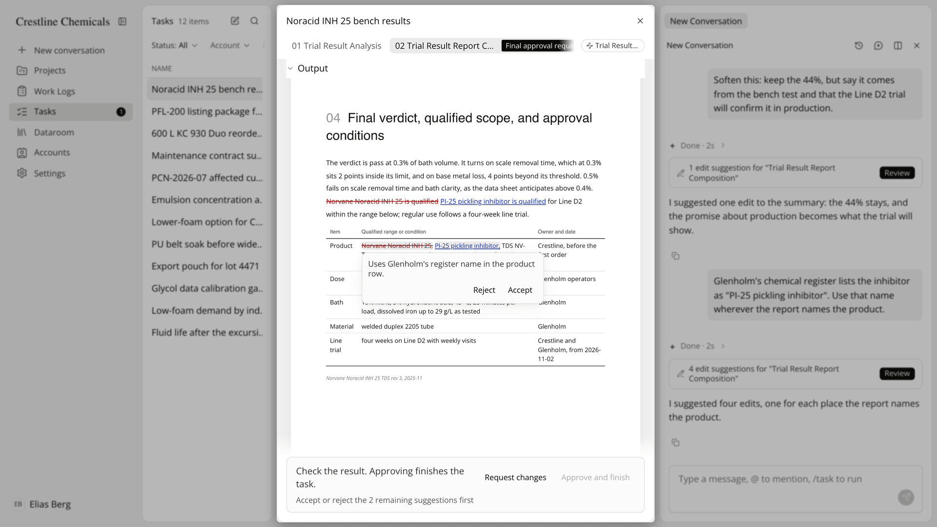 A marked suggestion with its reason, the Accept and Reject buttons, and a note on the suggestions still open.