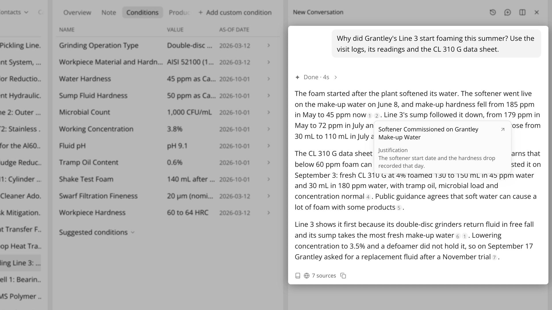 A source card in AI Chat naming a work log, with its Justification and the arrow to the original record.