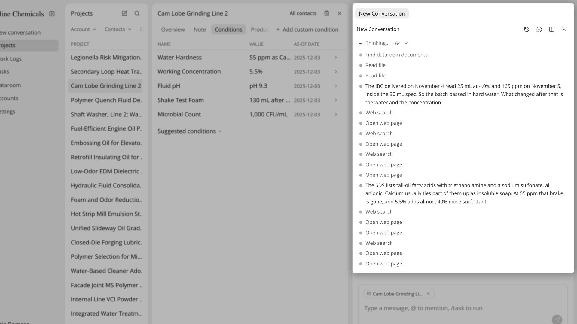 The open Thinking line in AI Chat, listing the lookups it ran one by one before answering.