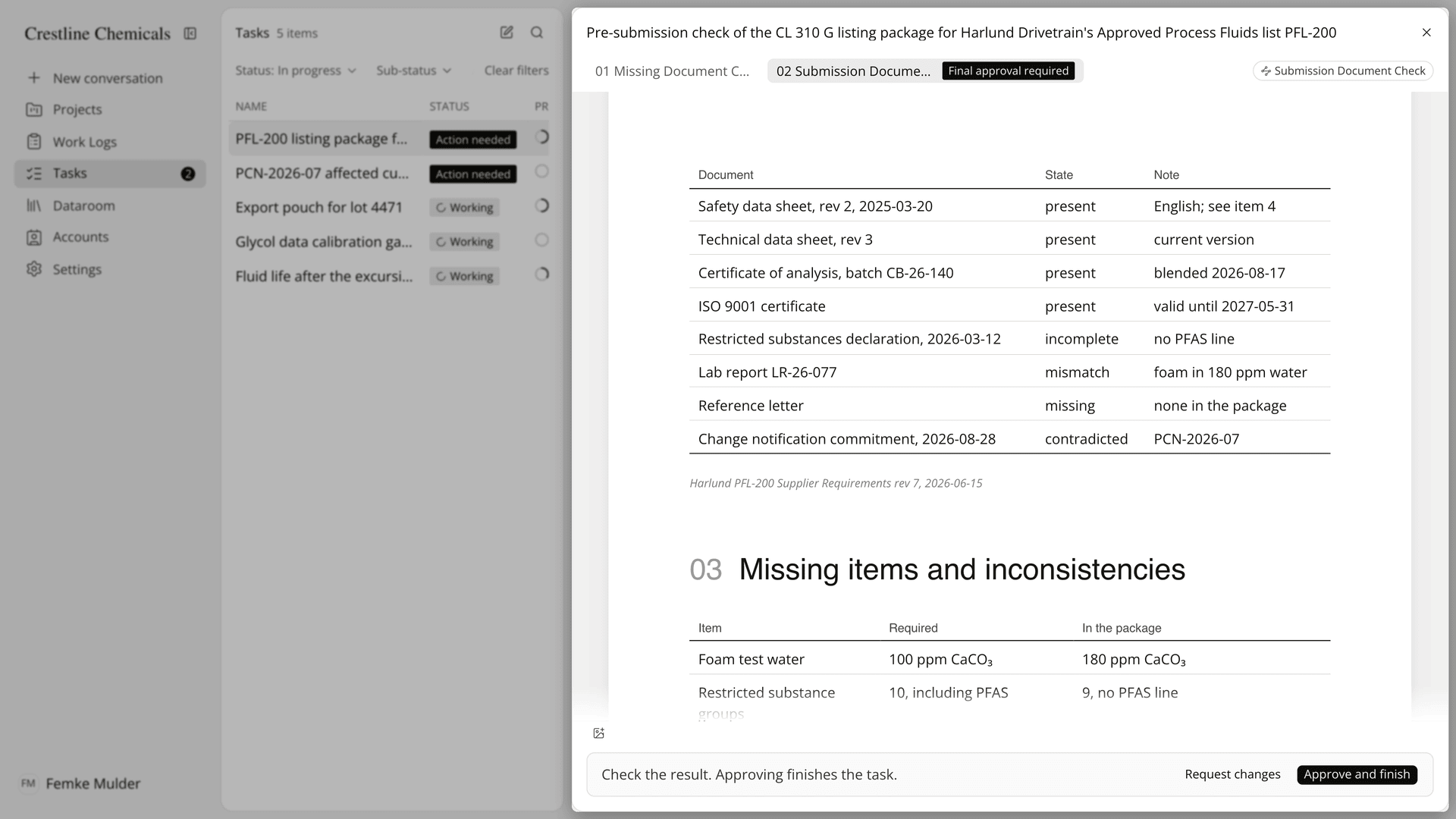 The checklist's table of each document's state, with Approve and finish.