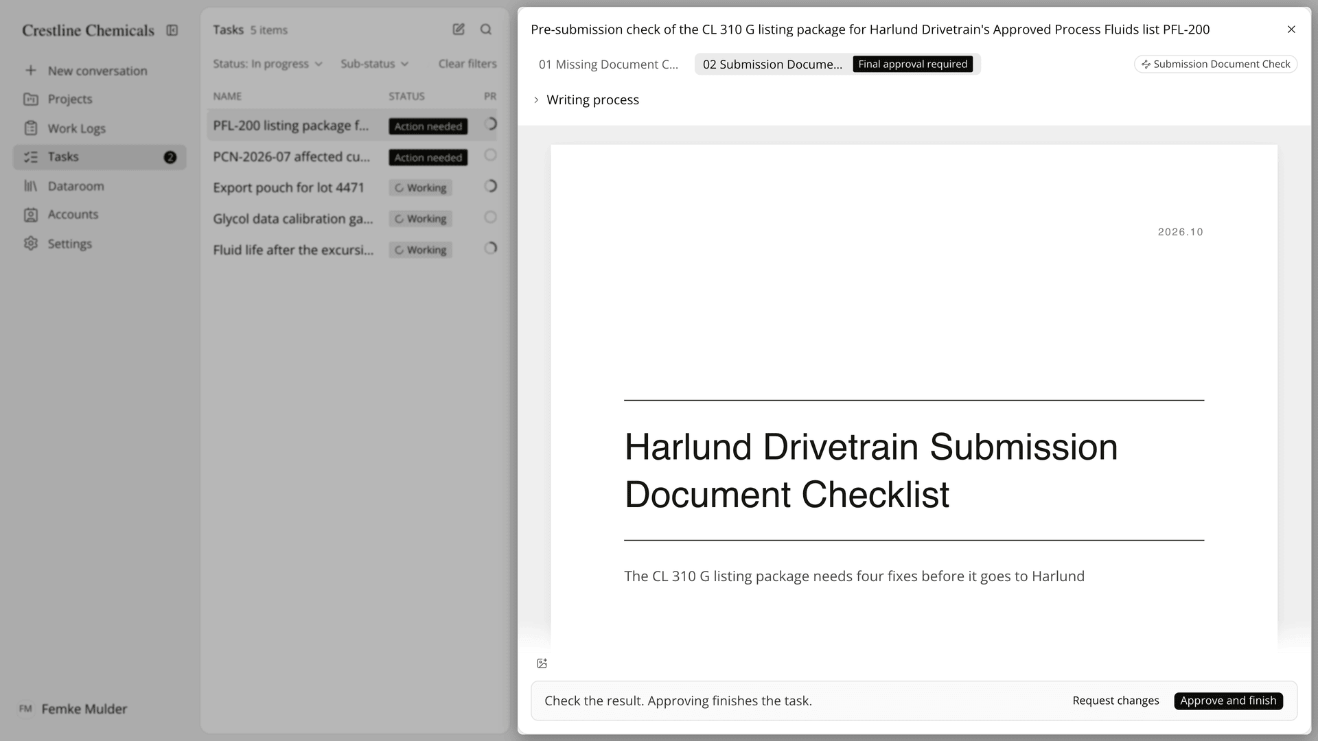 A document step marked Final approval required, with the Request changes and Approve and finish buttons.
