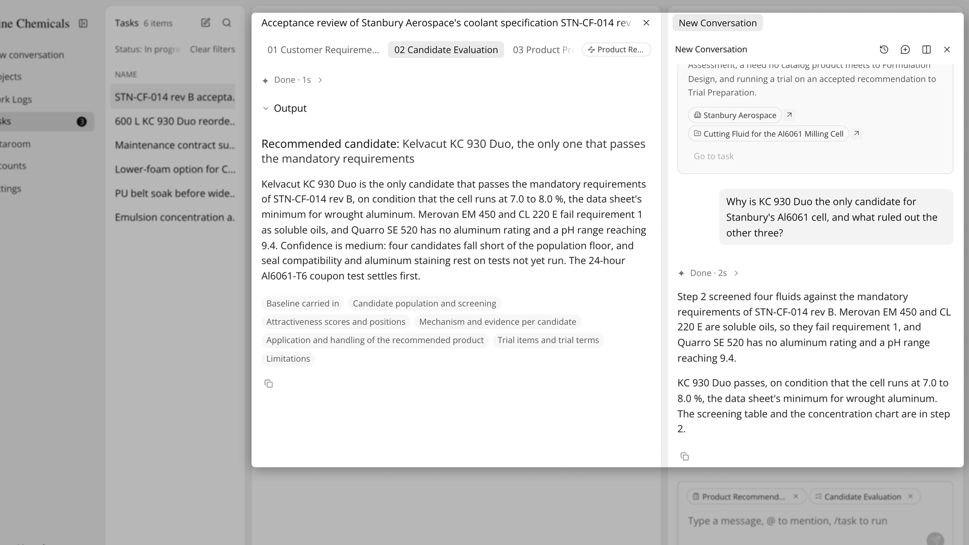 A step 02 conclusion with its verdict and confidence, and a chat answer explaining why.