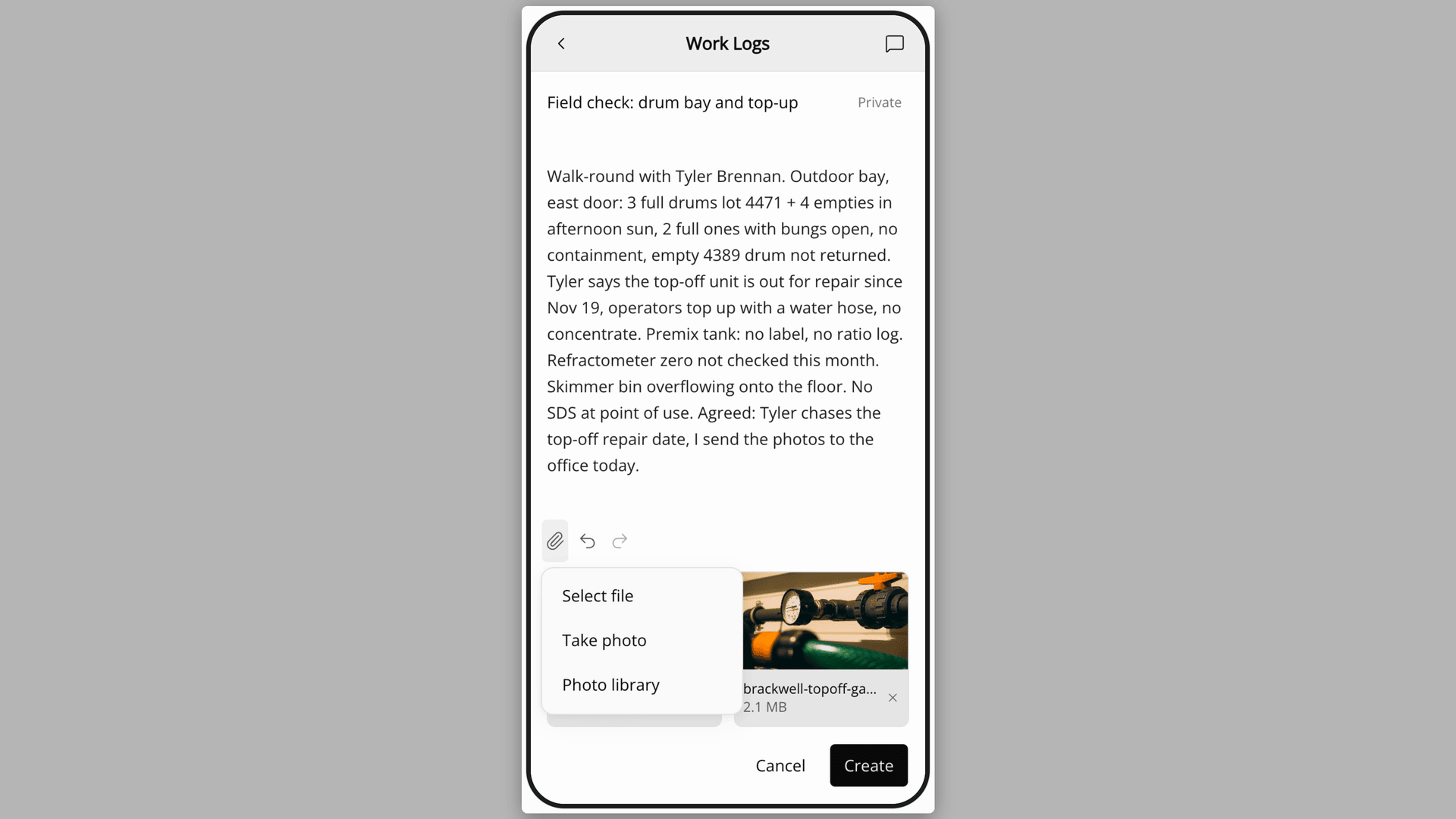The attach menu open on a phone, with site photos already attached to the log.