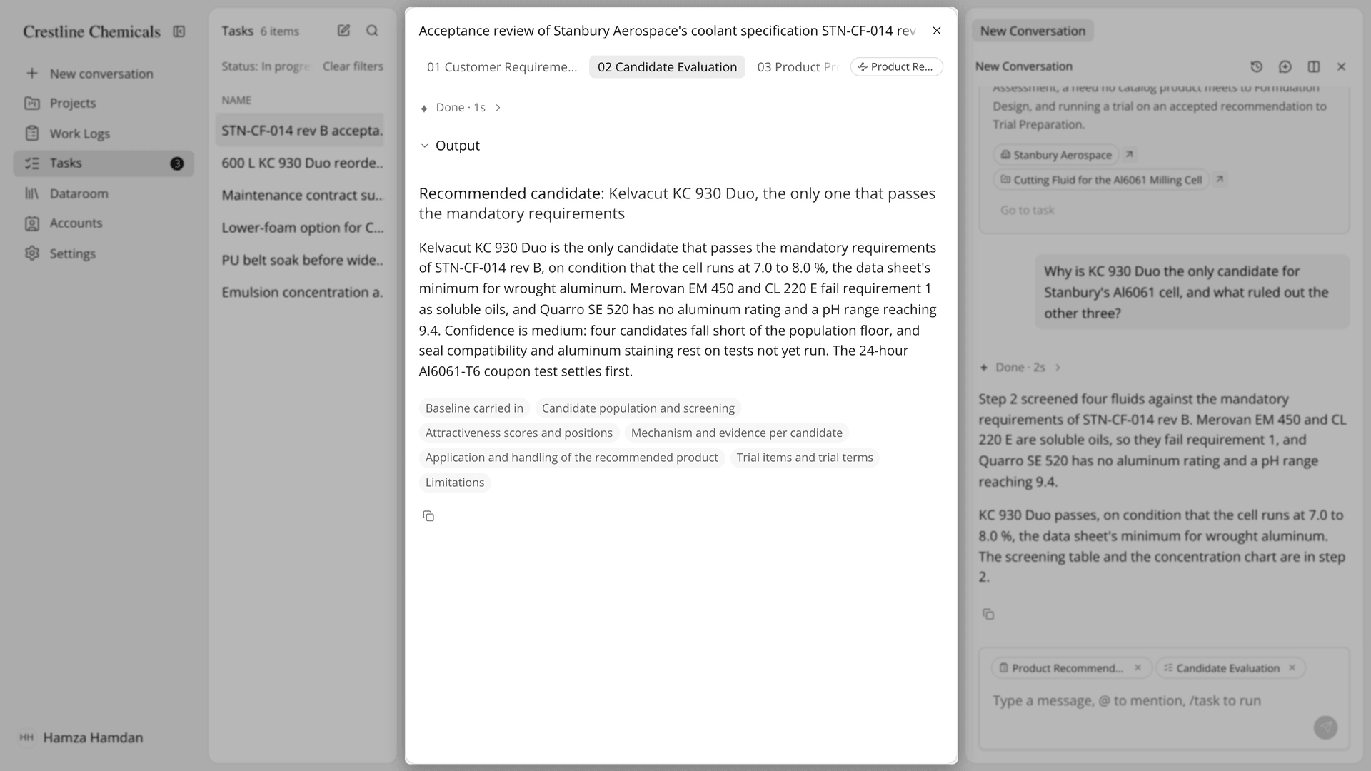 The Candidate Evaluation step of the sample account's task, with its candidate comparison table opened.