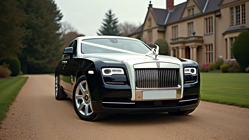 Eye-level view of a luxurious wedding car parked outside a beautiful venue
