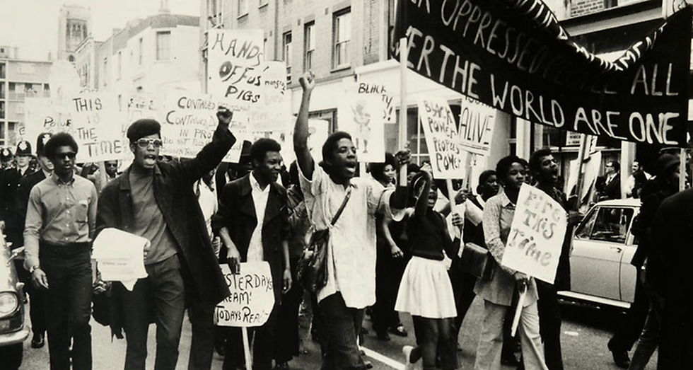 Black and white archival photo of the Mangrove Nine protests
