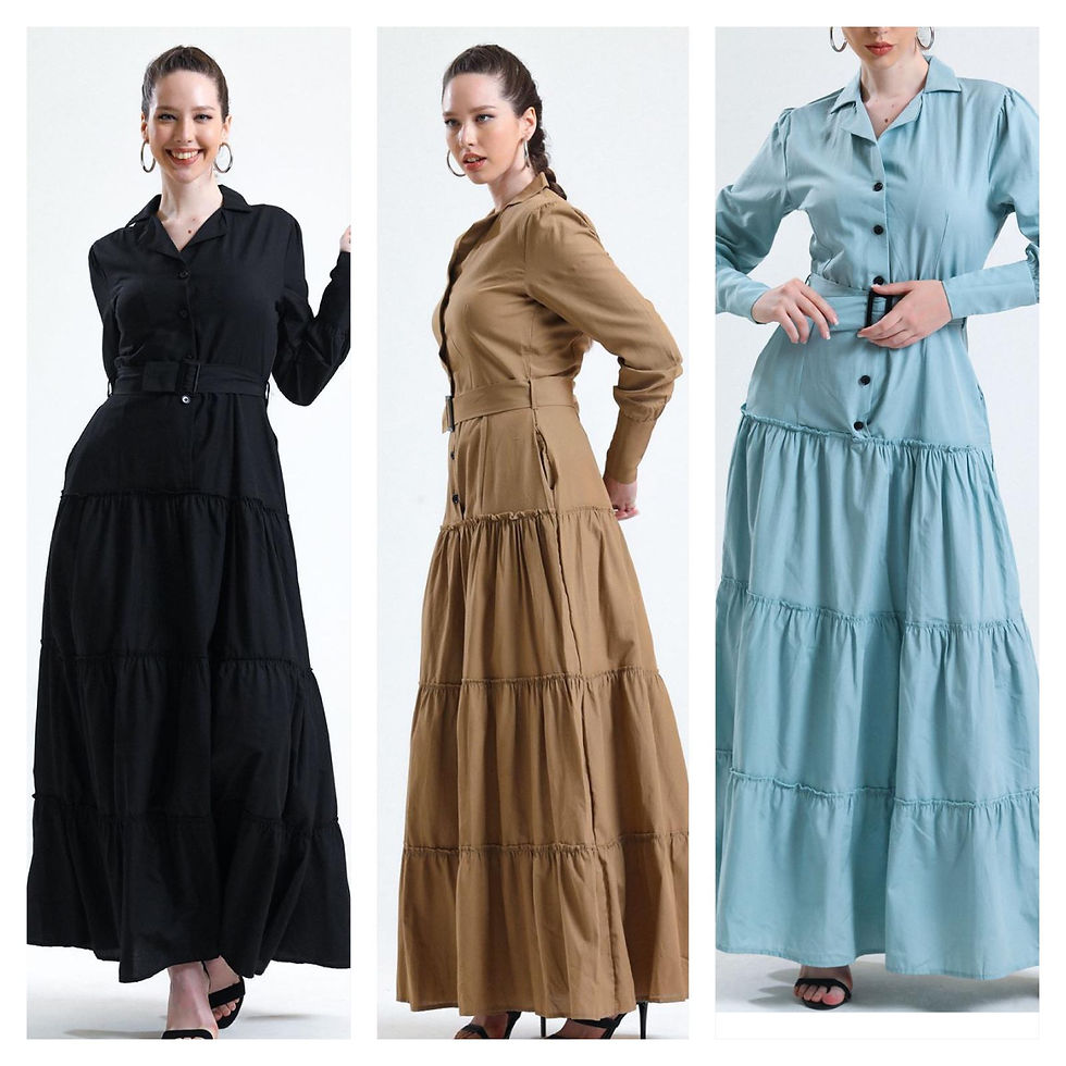 Küçük resim: Kadın  Uzun Elbise – Düğmeli, Kemerli, Uzun Kollu, Günlük ve Şık Maxi Elbis