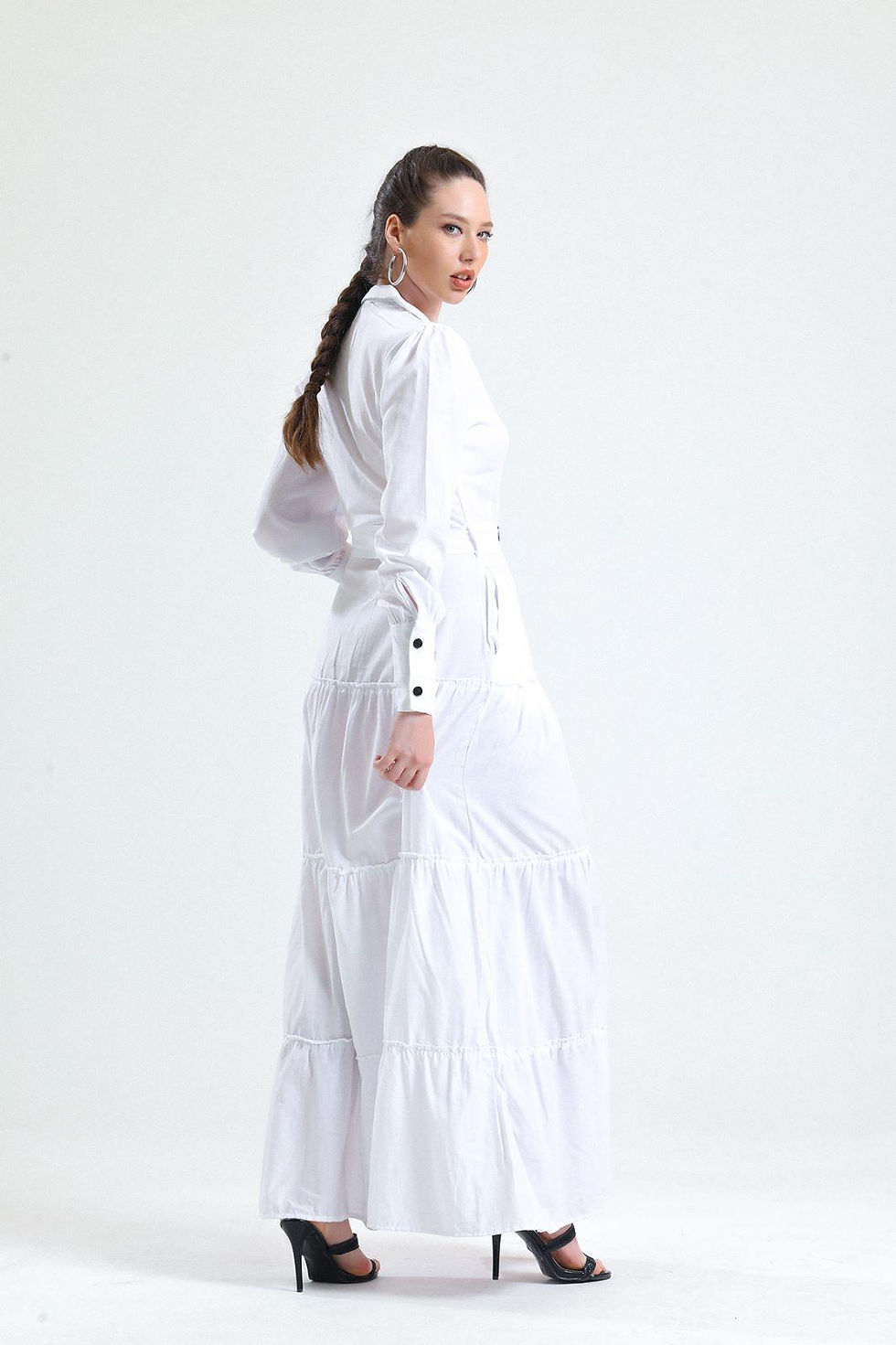 Küçük resim: Kadın  Uzun Elbise – Düğmeli, Kemerli, Uzun Kollu, Günlük ve Şık Maxi Elbis