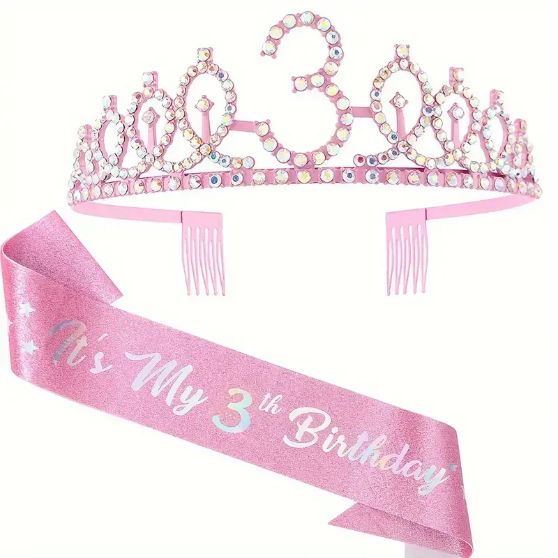 Thumbnail: 2pcs Pink Princess Glitter Crystal Birthday Crown & Soft Satin Belt