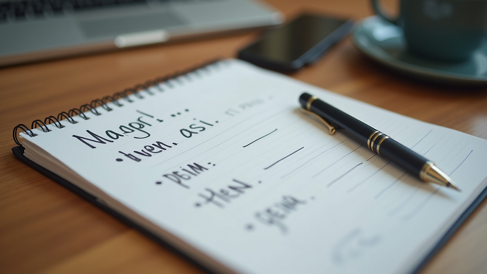 Close-up view of a notebook with handwritten goals and a pen on a wooden desk