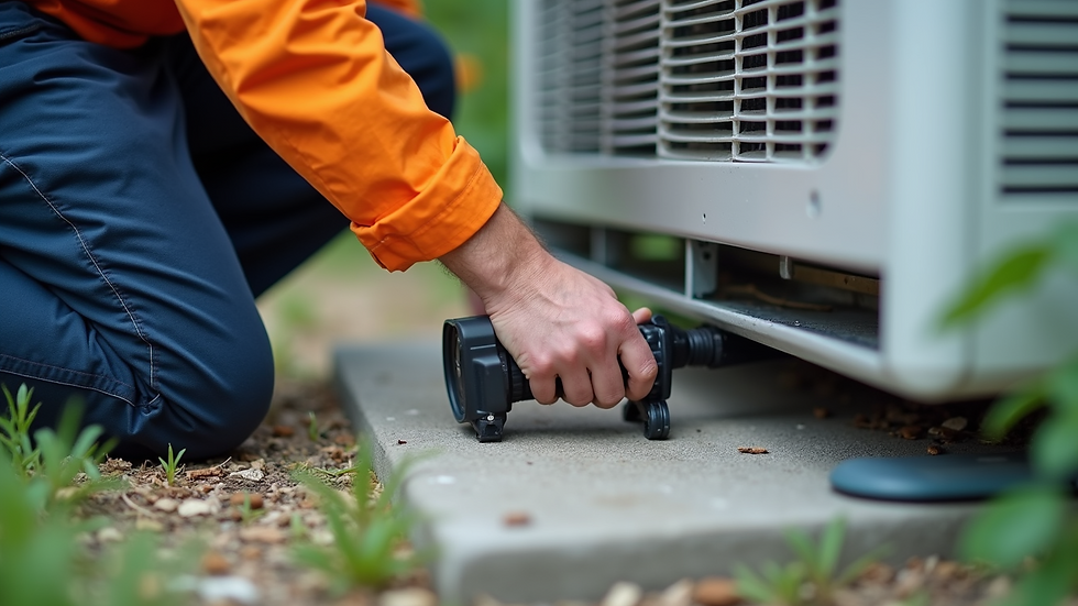 Close-up view of a technician installing a ductless mini split outdoor unit on a concrete pad
