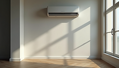Wall-mounted ductless mini split air conditioner installed in a modern living room with natural sunlight, showcasing an energy-efficient heating and cooling system for residential homes.