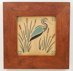 Arts and Crafts Heron Tile in Mitered Cherry Frame