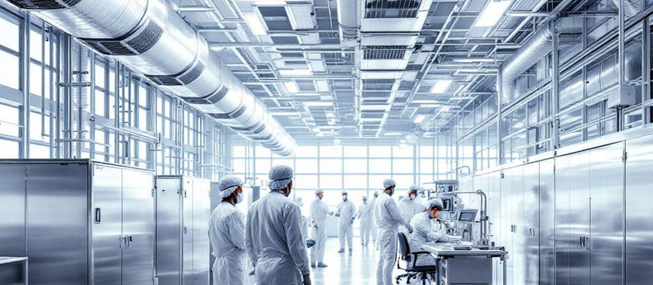 Sala limpa industrial com operadores utilizando vestimentas adequadas e sistema de ventilação controlado.