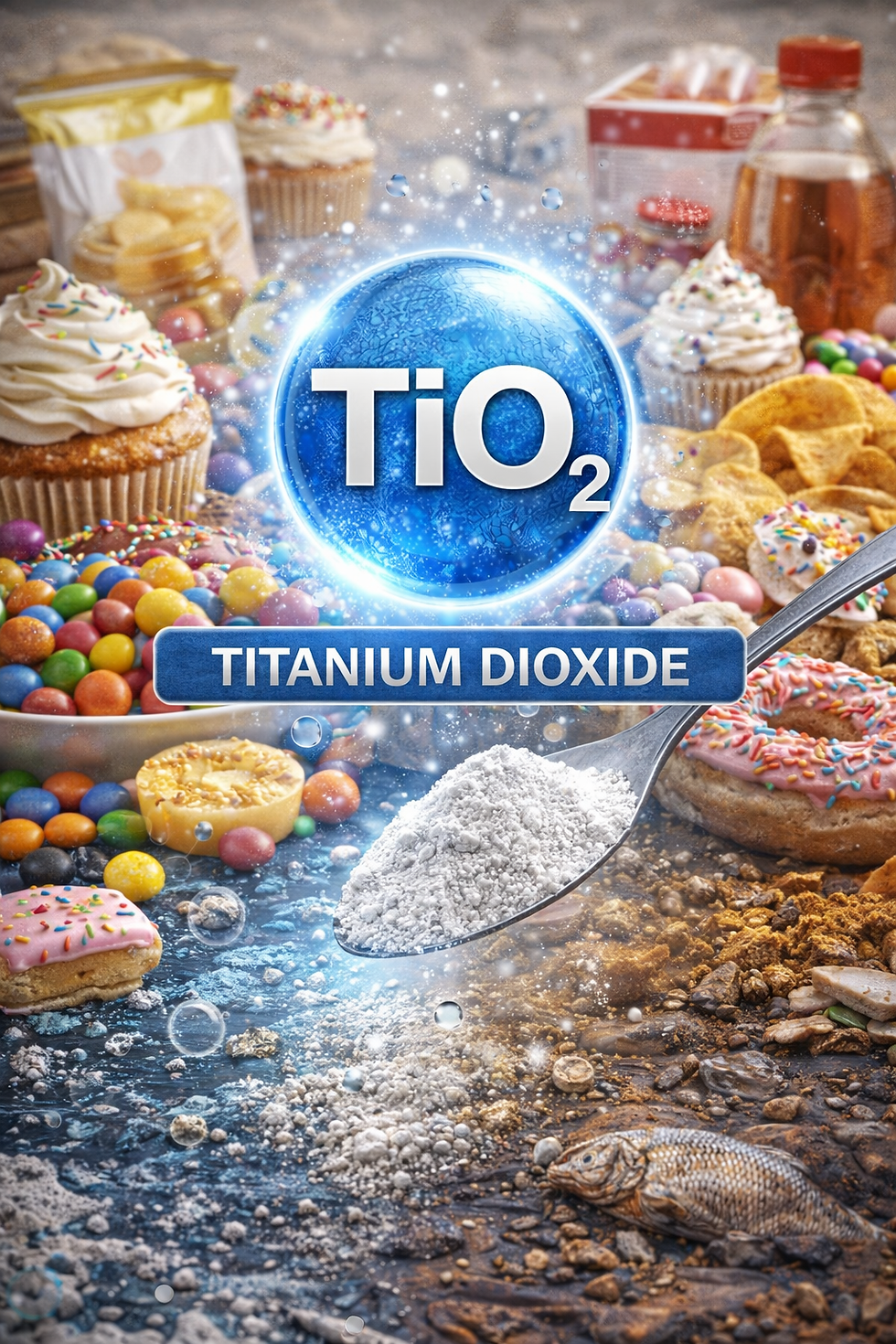 Imagem microscópica de partículas de dióxido de titânio destacando sua estrutura em escala nanométrica