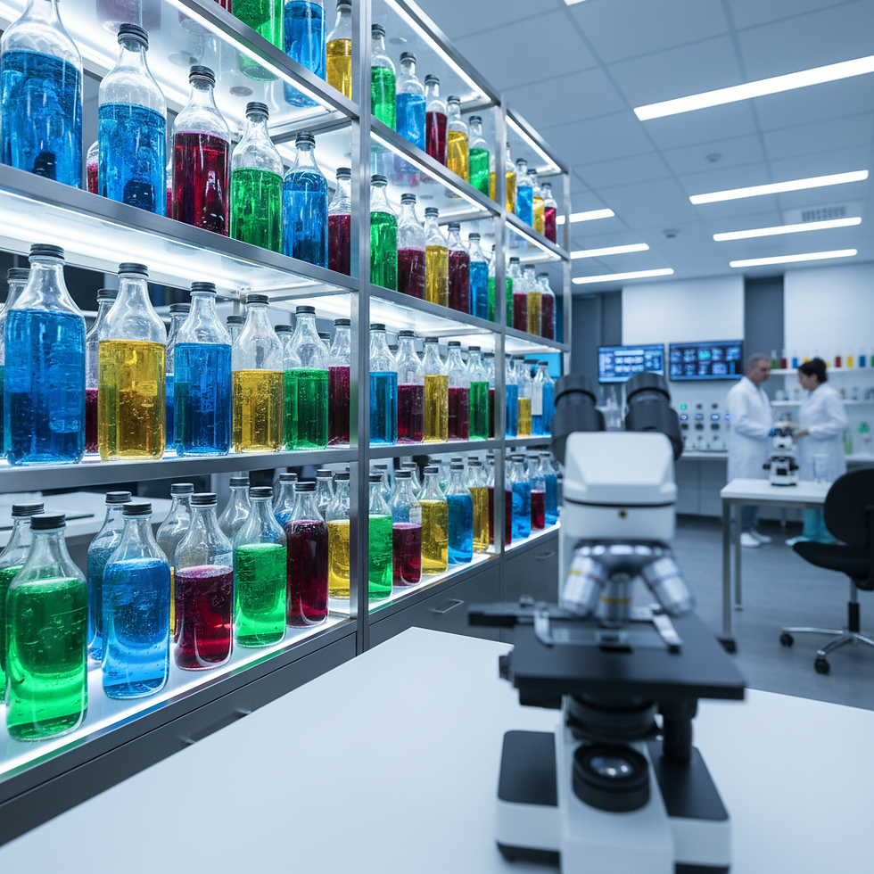 Bebidas coloridas em frascos de laboratório representando testes de segurança e controle de qualidade.