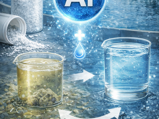 Imagem ilustrativa de uma estação de tratamento de água com tanques de coagulação e floculação, destacando o processo de remoção de partículas por coagulantes à base de alumínio.