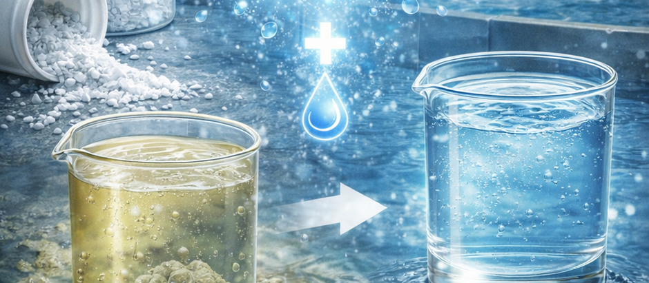 Imagem ilustrativa de uma estação de tratamento de água com tanques de coagulação e floculação, destacando o processo de remoção de partículas por coagulantes à base de alumínio.