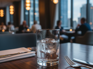 Um copo de água cristalina com gelo sobre uma mesa de restaurante elegante e desfocada ao fundo.