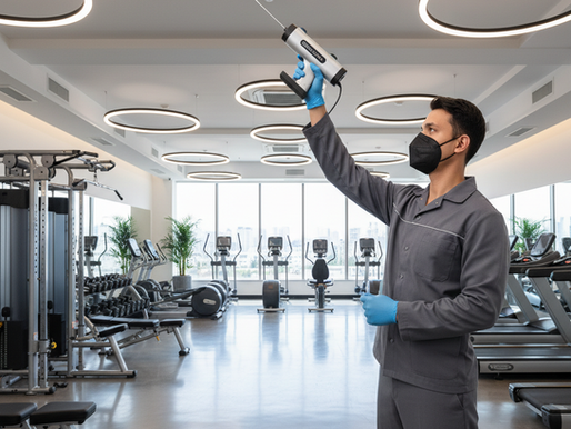 Interior de academia moderna e iluminada destacando o sistema de ventilação e climatização no teto.