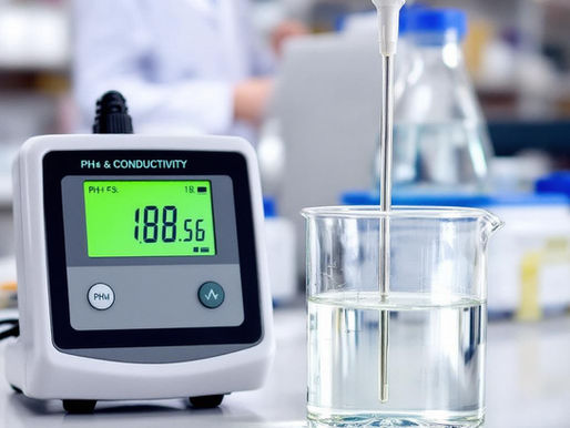 Equipamento laboratorial medindo pH e condutividade de amostra de água