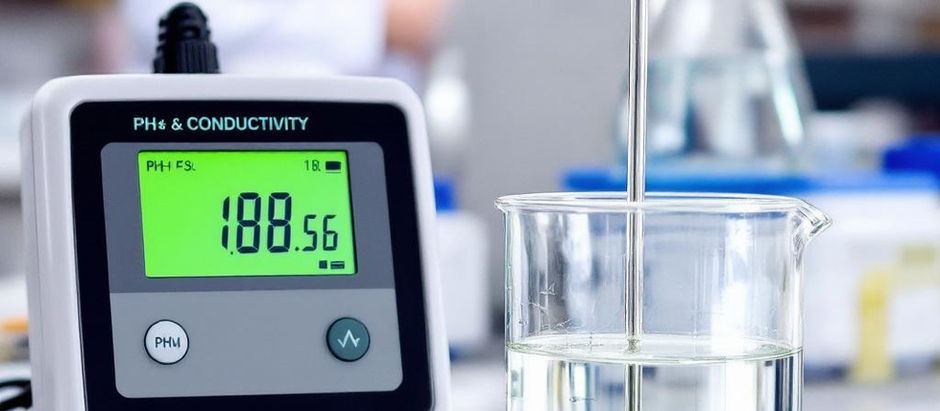 Equipamento laboratorial medindo pH e condutividade de amostra de água