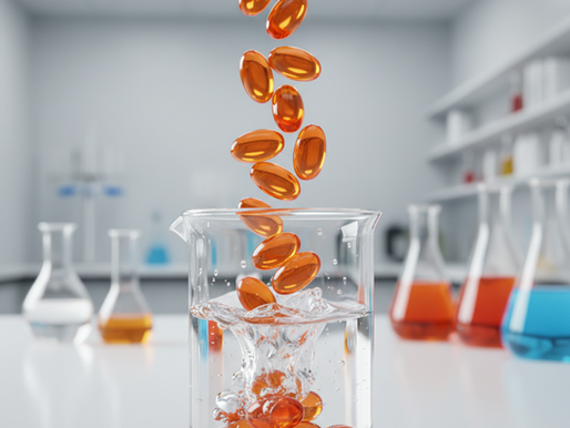Cápsulas de betacaroteno laranjas e brilhantes em um ambiente de laboratório limpo e profissional.