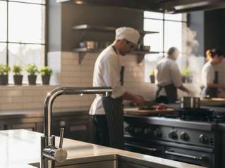 Torneira de cozinha profissional de aço inoxidável com água cristalina fluindo em ambiente iluminado.