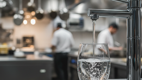 Visão detalhada de água pura sendo despejada em um copo de vidro em ambiente de cozinha profissional.