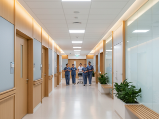 Corredor hospitalar moderno e limpo representando segurança e higiene no controle de infecções.