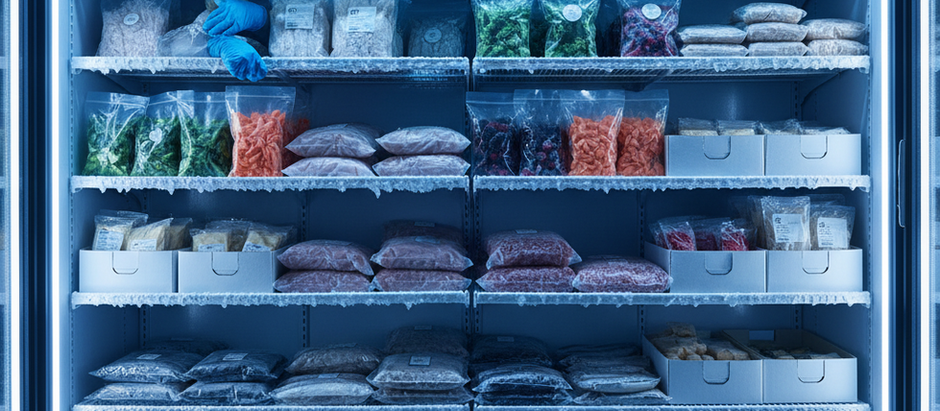 Close-up de alimentos congelados com cristais de gelo, simbolizando o desafio da conservação industrial.