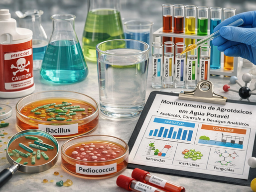Análise laboratorial de água potável com equipamentos de alta precisão detectando resíduos químicos