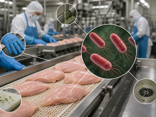 Imagem microscópica de biofilme bacteriano aderido a superfície industrial.