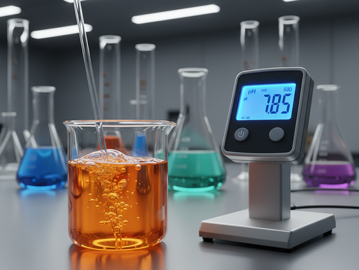 Equipamento de laboratório medindo o pH de uma solução alaranjada em um copo de Becker.