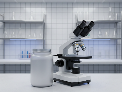 Pote de suplemento e equipamentos de laboratório em um ambiente de controle de qualidade de alta tecnologia.