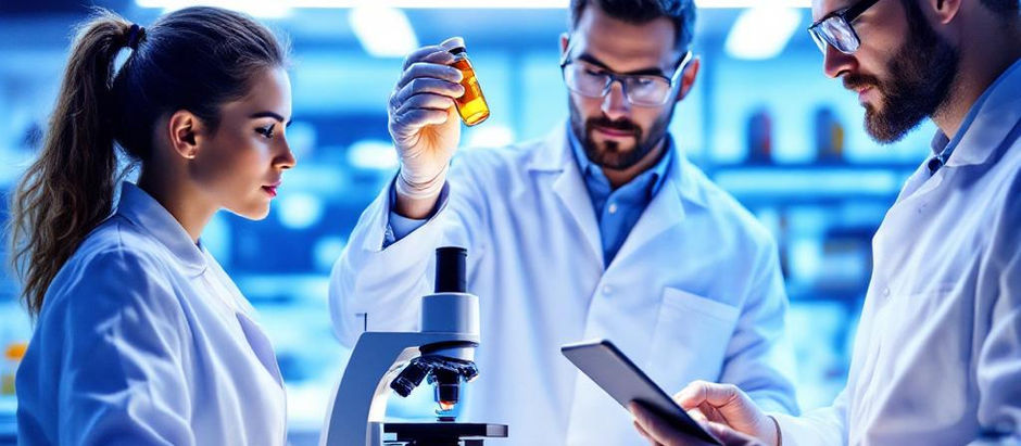 Imagem ilustrativa de laboratório analisando suplementos com equipamentos cromatográficos.