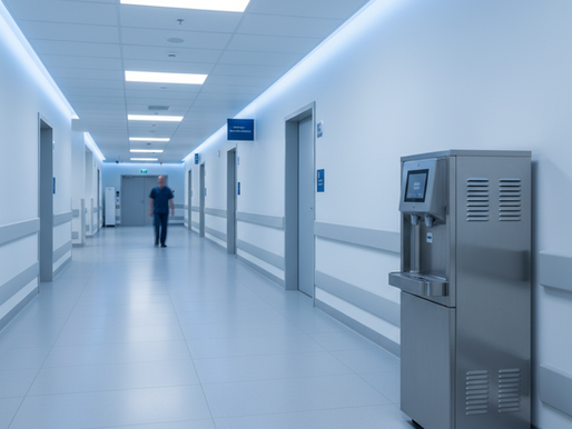 Corredor de hospital moderno com foco em uma estação de água estéril e ambiente clínico limpo.