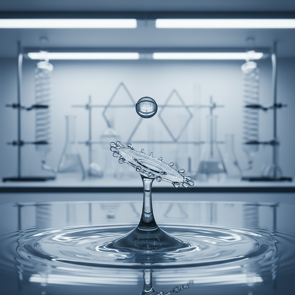 Uma gota de água cristalina gerando ondulações circulares perfeitas em um ambiente de laboratório iluminado e limpo.