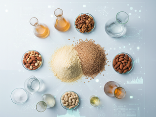 Visão de topo com ingredientes processados e instrumentos de laboratório para análise de segurança alimentar.