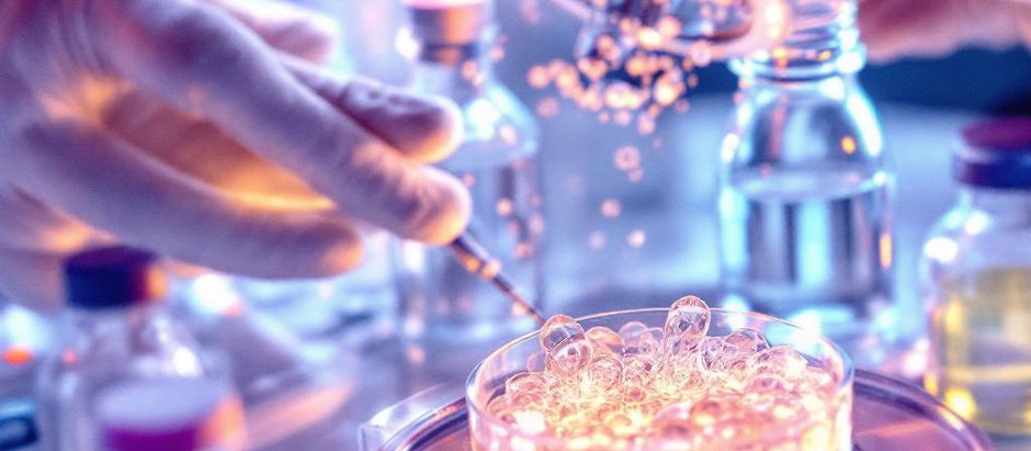 Imagem de análise laboratorial de colágeno mostrando equipamentos de cromatografia e gráficos de perfil proteico.